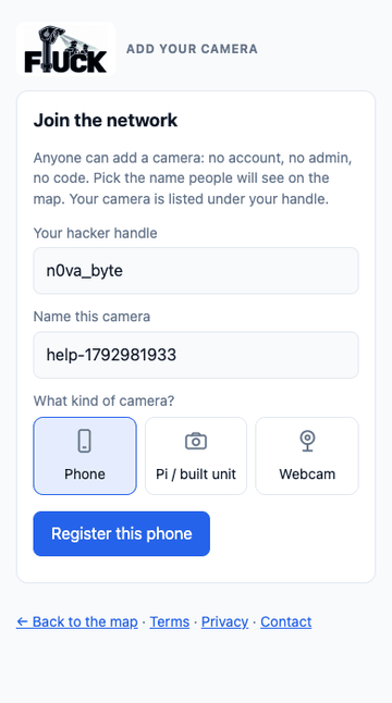 The registration page: handle, camera name and camera type